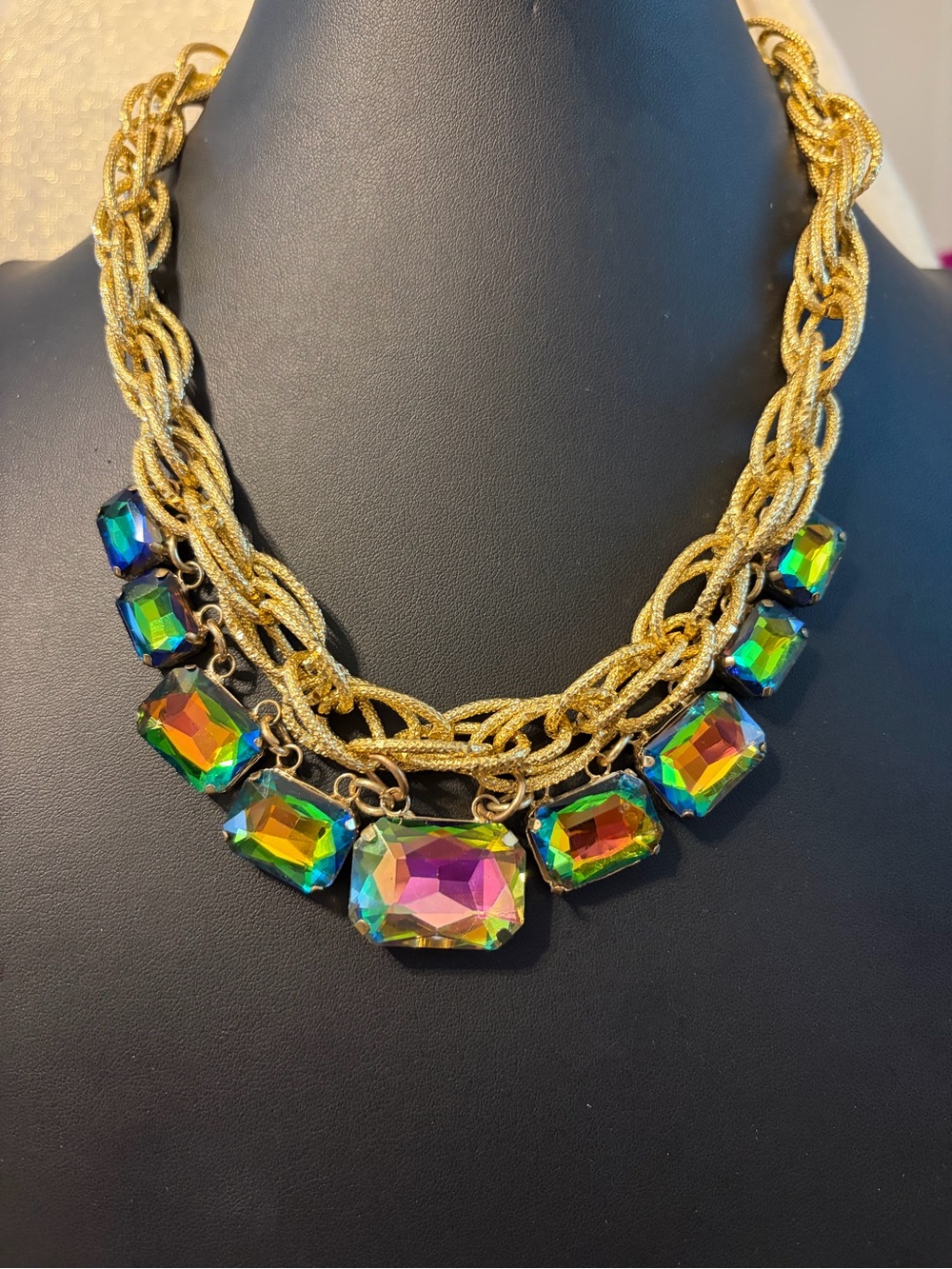 Gold Chain Statement Necklace with Multicolor Aurora Crystals